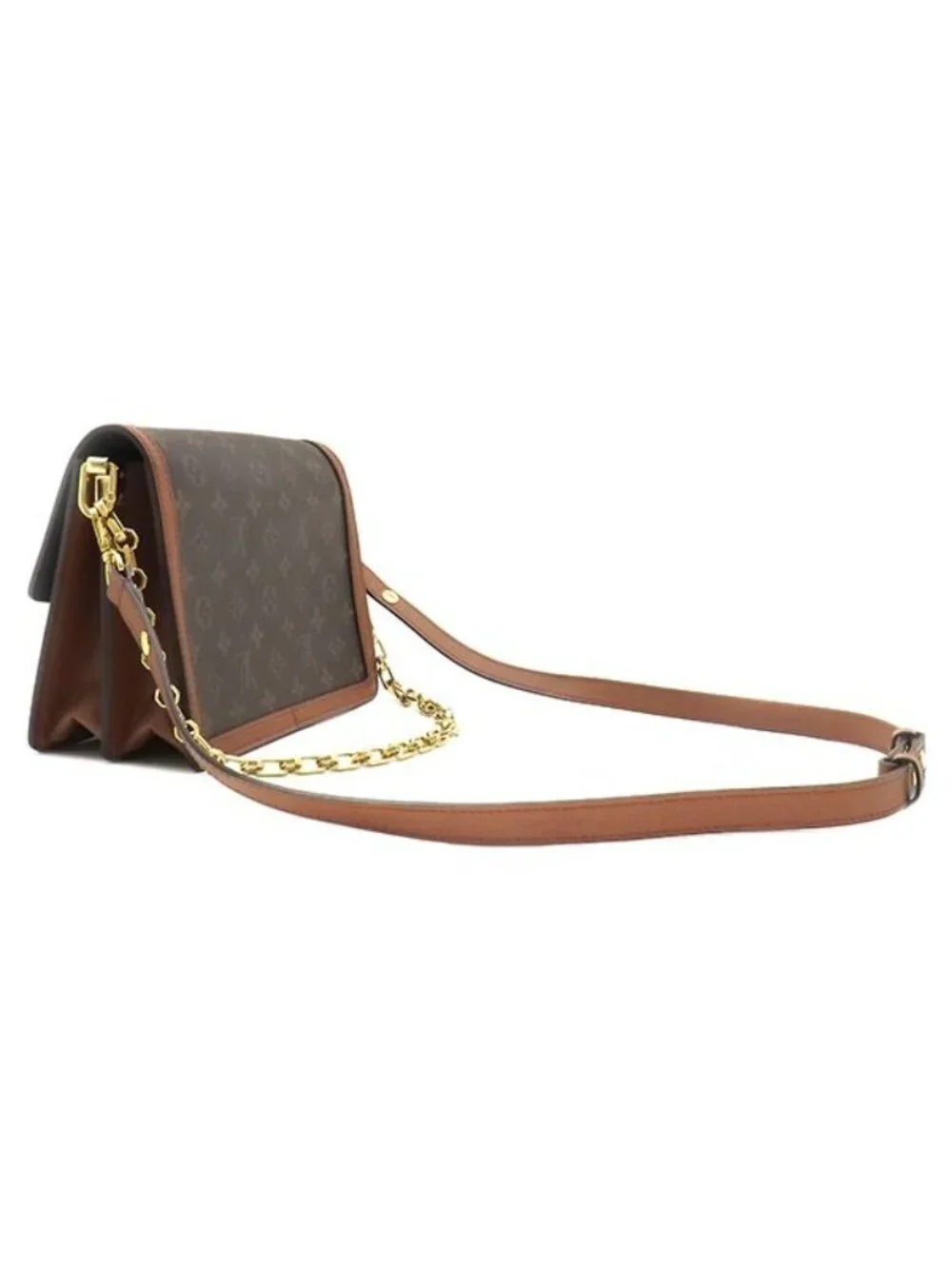 Louis Vuitton Shoulder Bag Dauphine MM Monogram Canvas Reverse Brown Gold Chain